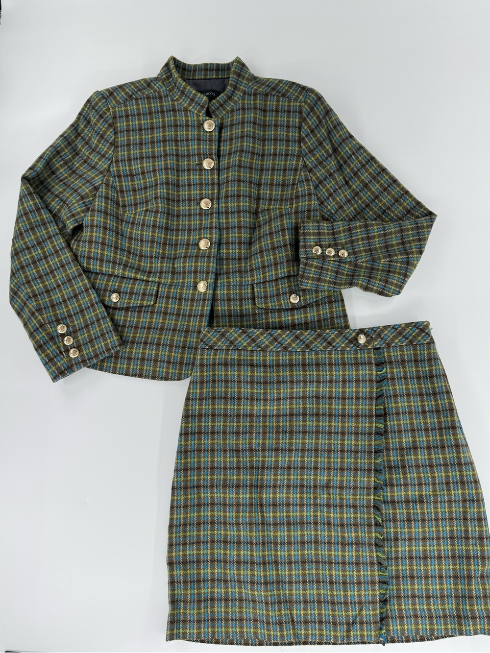 Talbots 10 / 12 Suit Plaid Green Blue Tweed Jacket Skirt Blazer Twee Academia